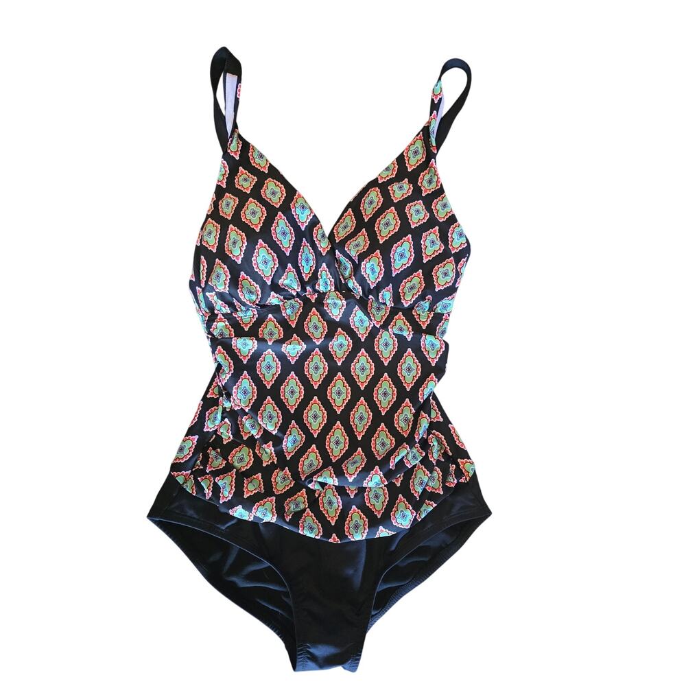 Jantzen Swimsuit 8 Womens One Piece Padded Black Geometric Print Beach Boho
